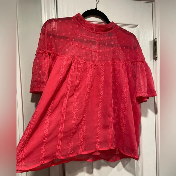 Aqua Pink High Neck Ruffle Sleeve Embroidered Flowy Babydoll Blouse Size M - Picture 5 of 11